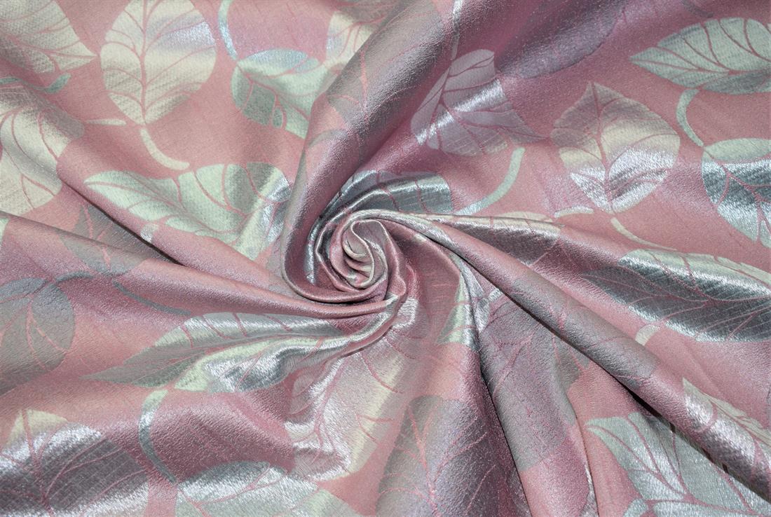 Blush Pink Curtain Fabric, Silver Leaves Print