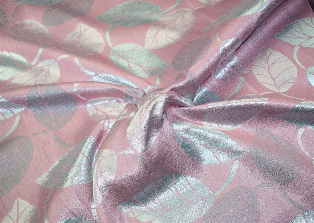 Blush Pink Curtain Fabric, Silver Leaves Print