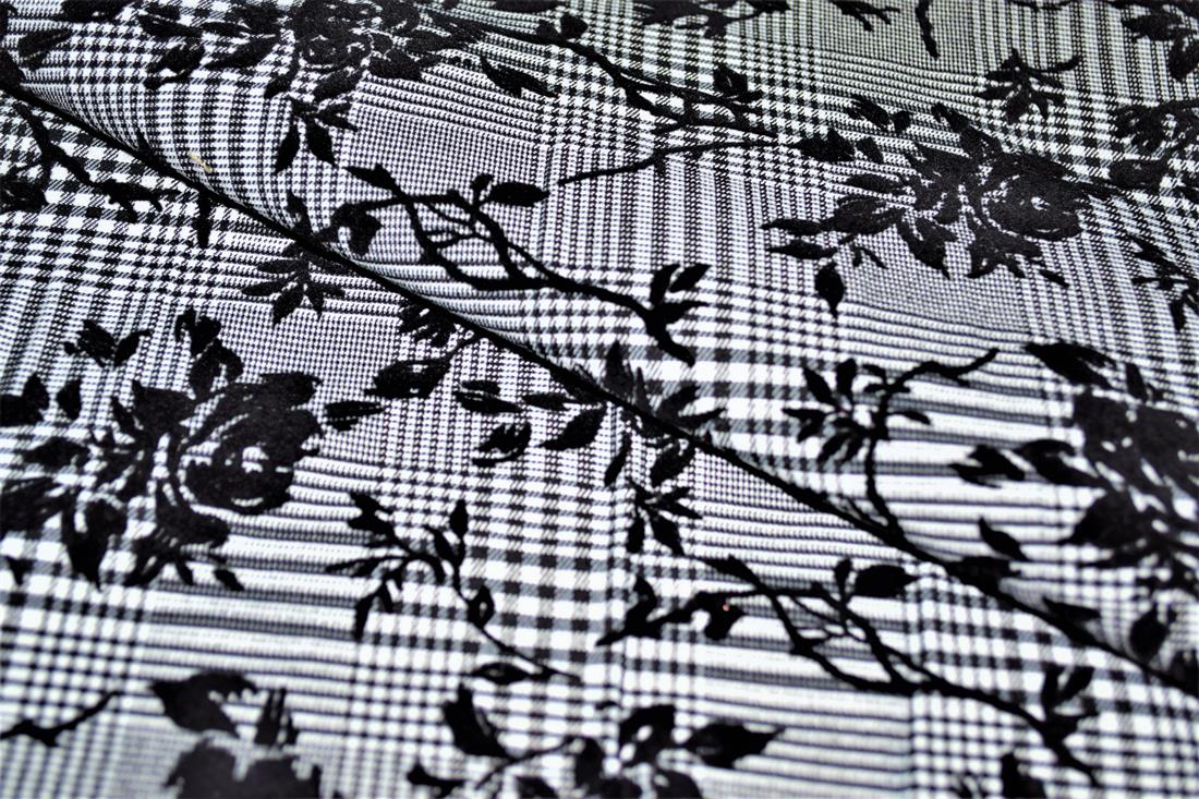 Black & Grey Stretch Roses Flocked Check Bengaline