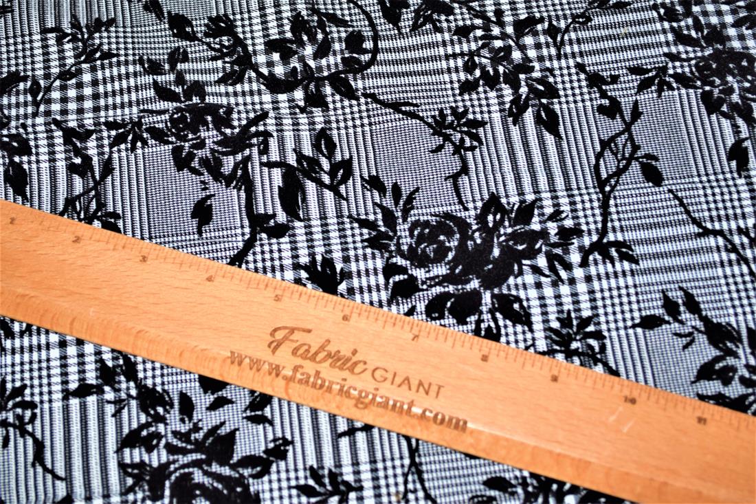 Black & Grey Stretch Roses Flocked Check Bengaline