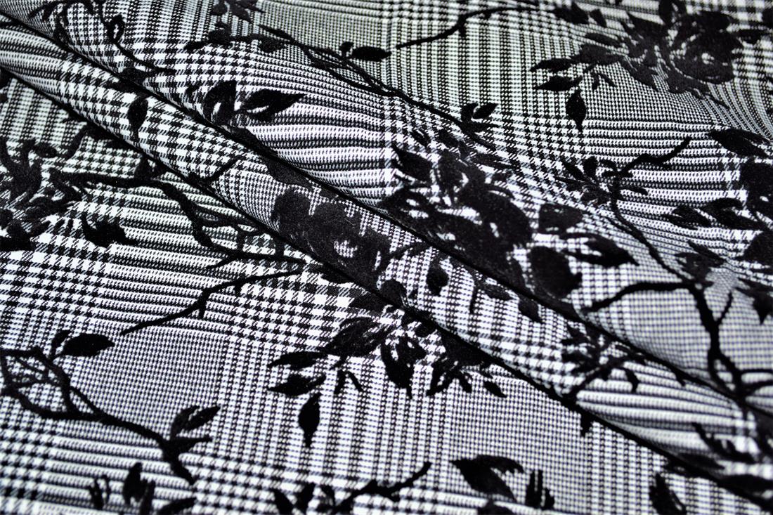 Black & Grey Stretch Roses Flocked Check Bengaline