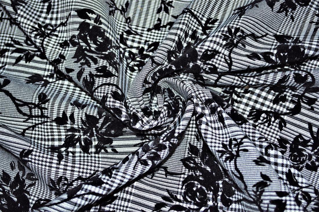 Black & Grey Stretch Roses Flocked Check Bengaline