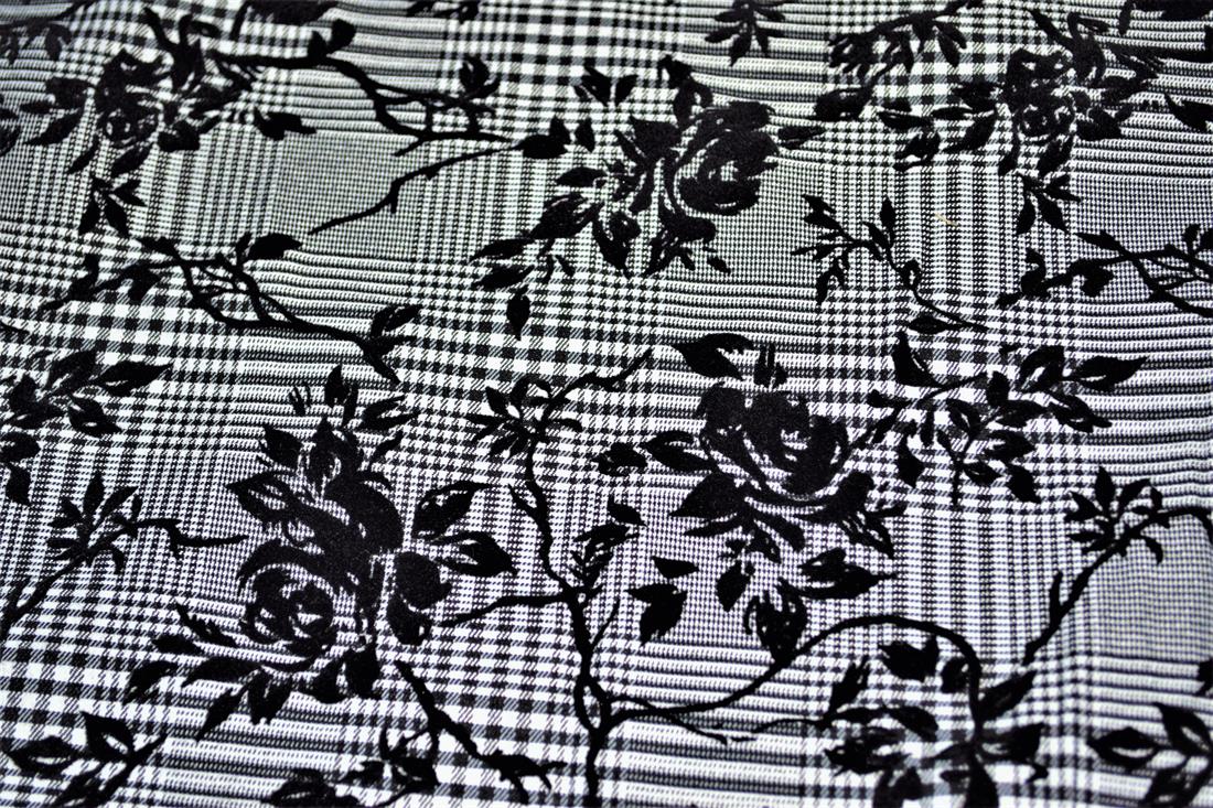 Black & Grey Stretch Roses Flocked Check Bengaline