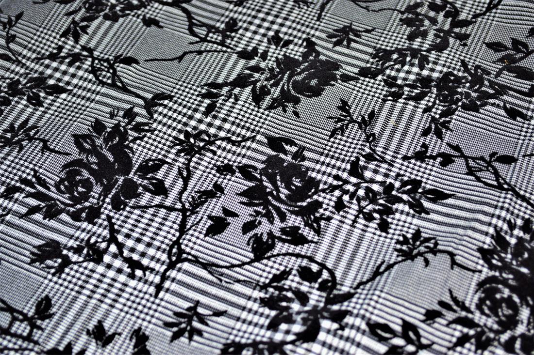 Black & Grey Stretch Roses Flocked Check Bengaline