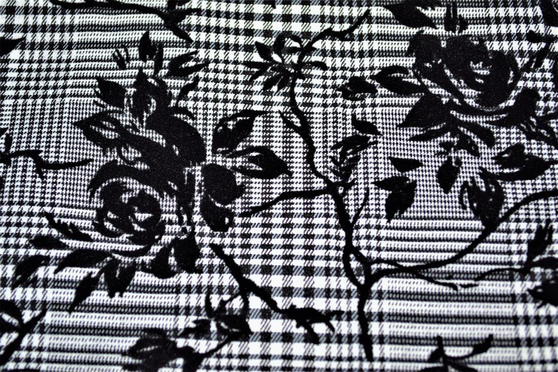 Black & Grey Stretch Roses Flocked Check Bengaline