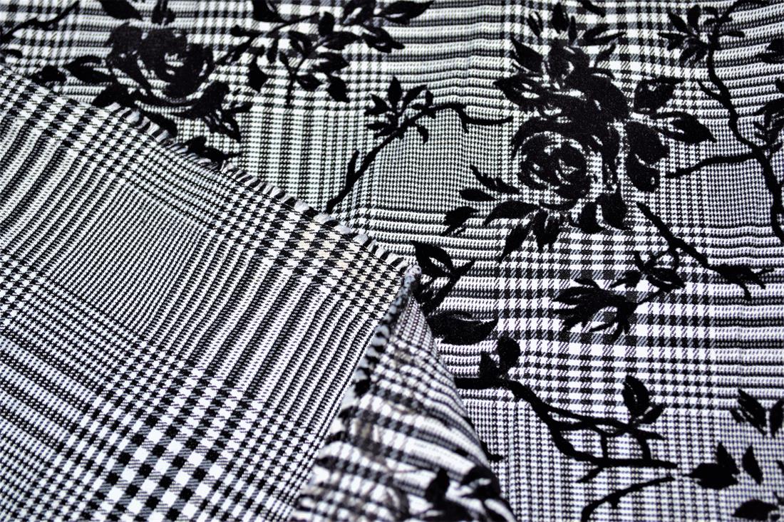 Black & Grey Stretch Roses Flocked Check Bengaline