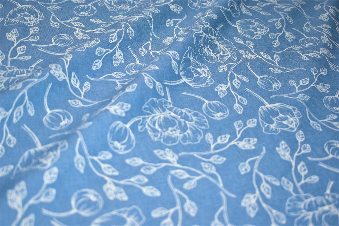 Blue Printed Denim Fabric