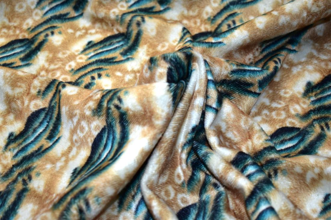 Beige & Green Printed Single Side Soft Fleece Fabric