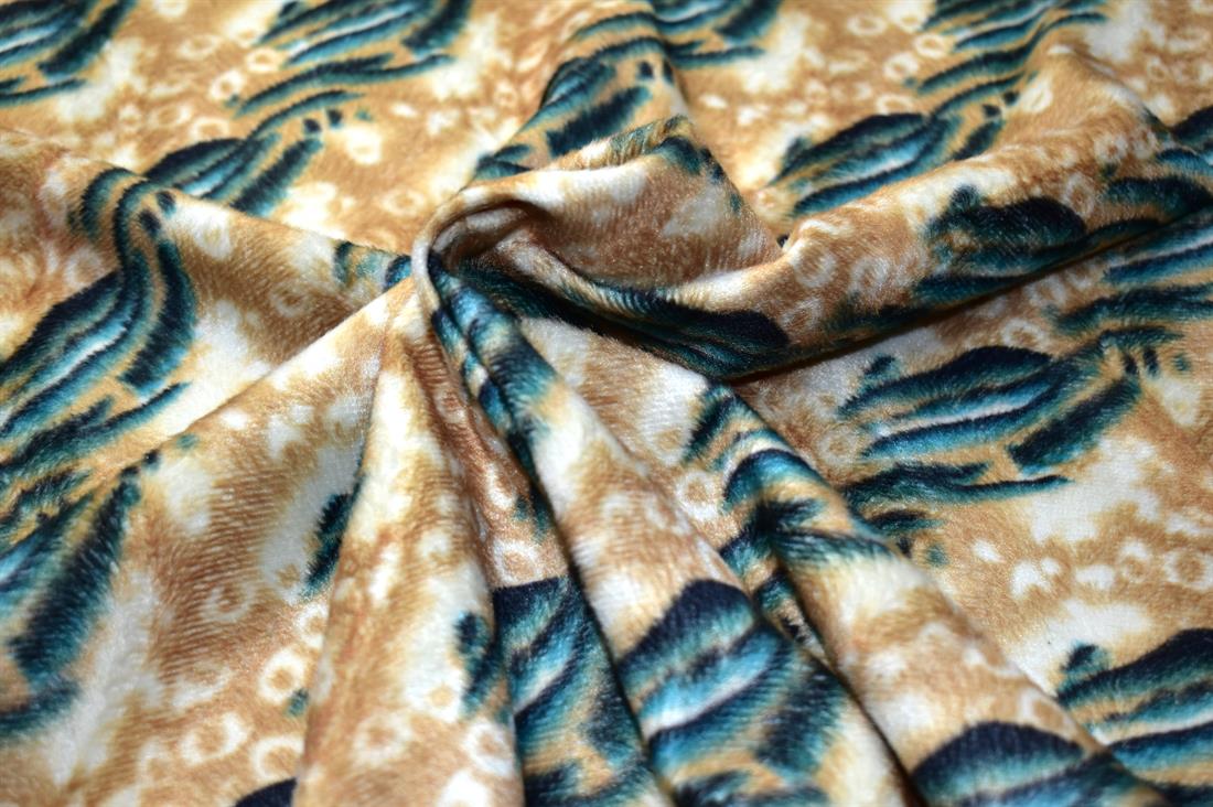 Beige & Green Printed Single Side Soft Fleece Fabric
