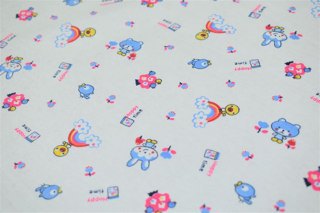 White 100% Brushed Cotton Fabric, Happy Time Winceyette Print