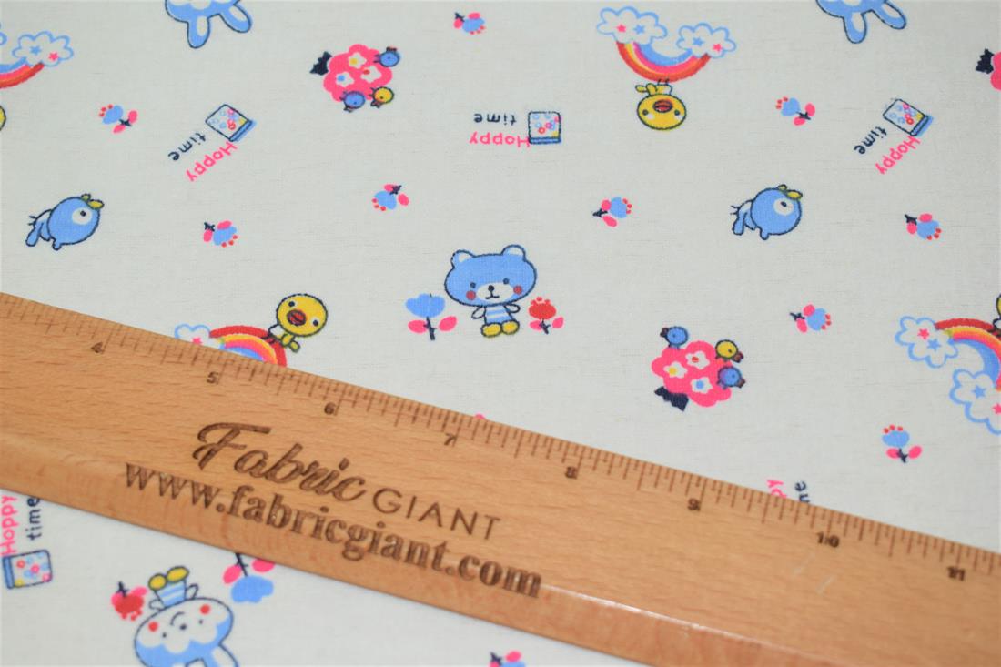 White 100% Brushed Cotton Fabric, Happy Time Winceyette Print