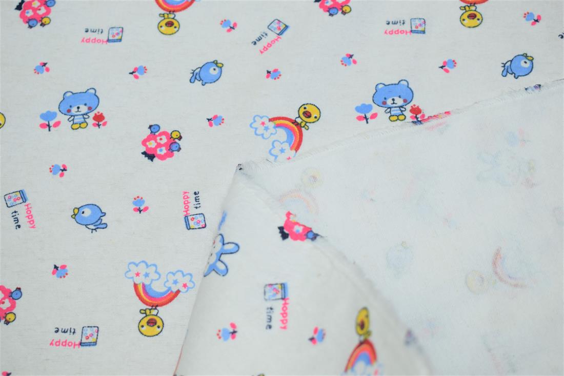 White 100% Brushed Cotton Fabric, Happy Time Winceyette Print