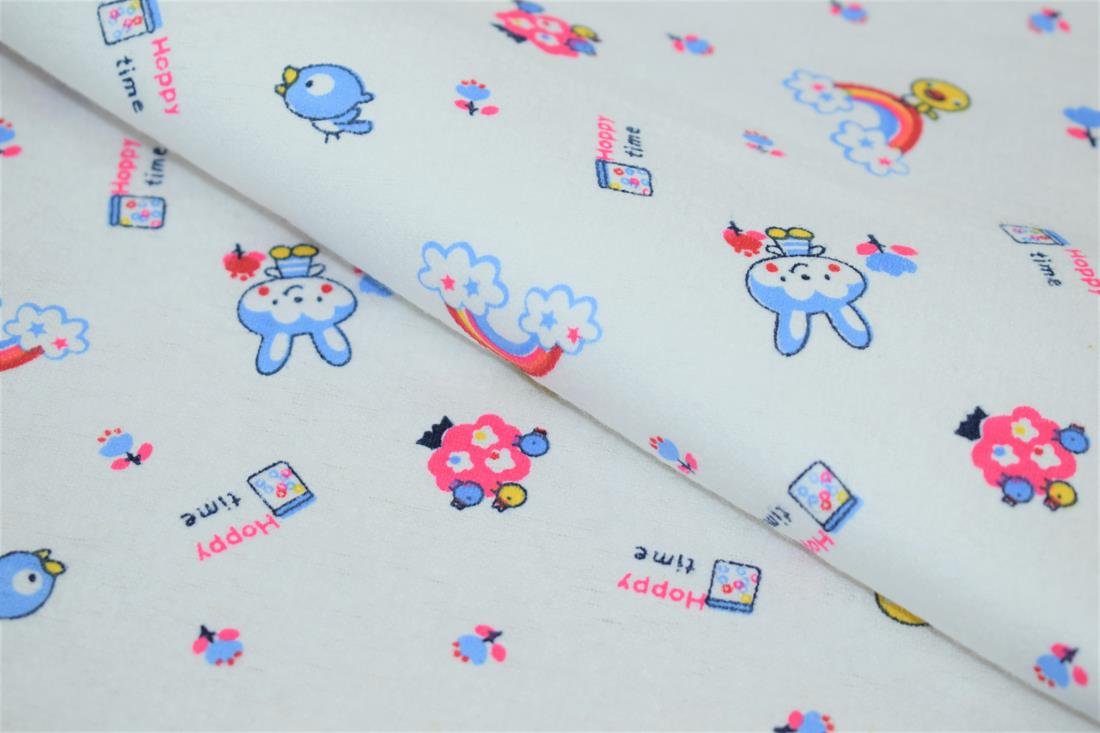 White 100% Brushed Cotton Fabric, Happy Time Winceyette Print