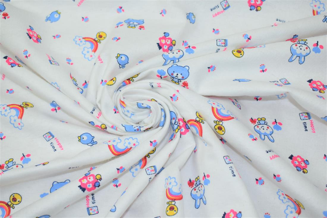 White 100% Brushed Cotton Fabric, Happy Time Winceyette Print