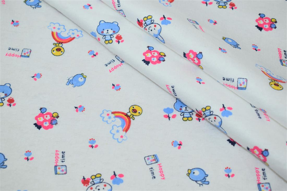 White 100% Brushed Cotton Fabric, Happy Time Winceyette Print