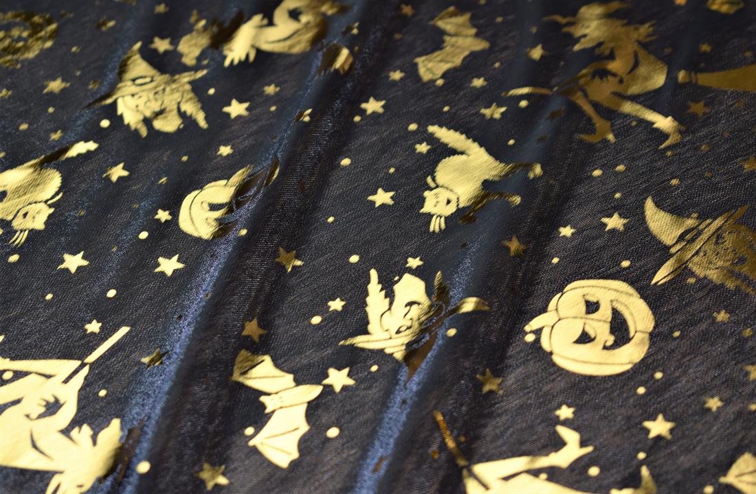 Halloween Pumpkin Print Stretch Lightweight Foil Mesh Fabric