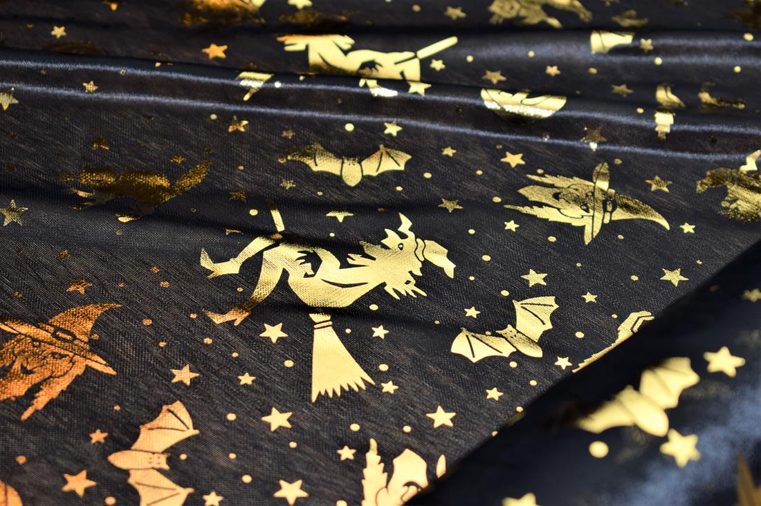 Halloween Pumpkin Print Stretch Lightweight Foil Mesh Fabric