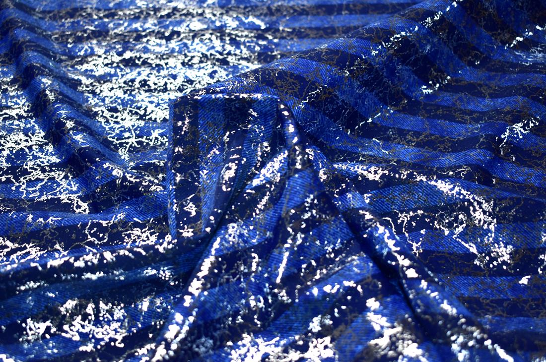 Royal Blue & Navy Printed Stretchy Metallic Look Foil Jersey