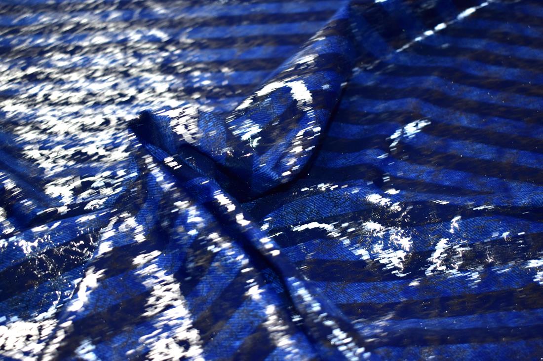Royal Blue & Navy Printed Stretchy Metallic Look Foil Jersey