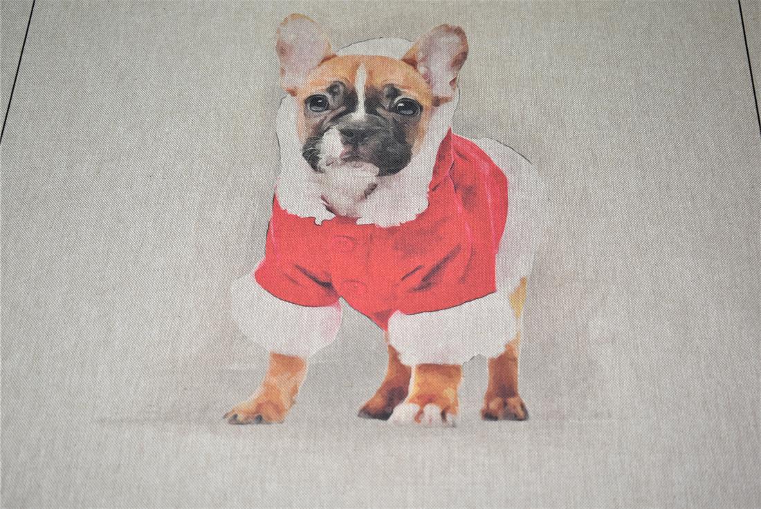 Natural Christmas French Bull Dog Panel Printed Digital Canvas Fabric