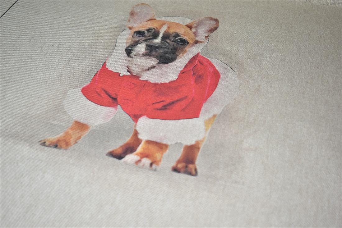 Natural Christmas French Bull Dog Panel Printed Digital Canvas Fabric