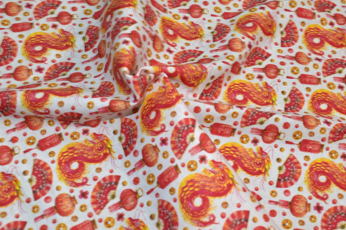 White & Orange Printed 100% Cotton Fabric