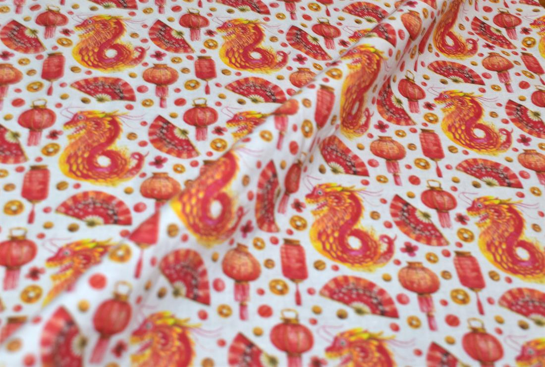 White & Orange Printed 100% Cotton Fabric