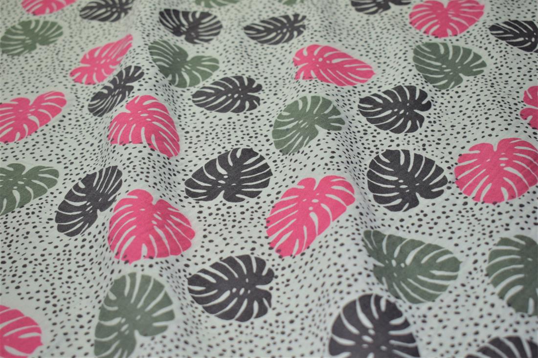 Light Mint Palm Leaves Print Gauze Fabric