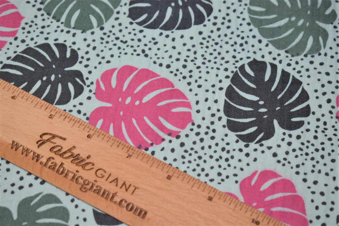 Light Mint Palm Leaves Print Gauze Fabric