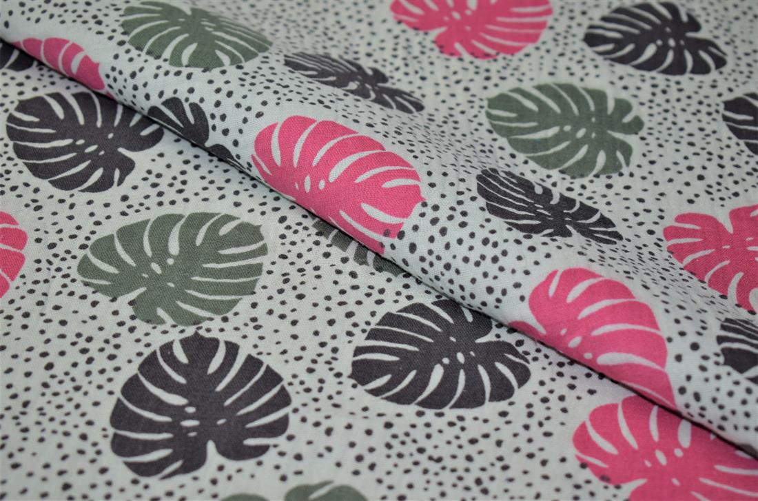 Light Mint Palm Leaves Print Gauze Fabric