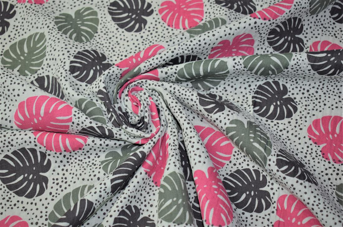 Light Mint Palm Leaves Print Gauze Fabric