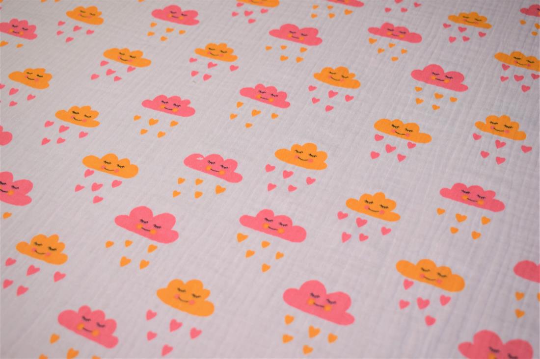 Pale Pink Clouds and Hearts Rain Print 100% Cotton Gauze Muslin Fabric