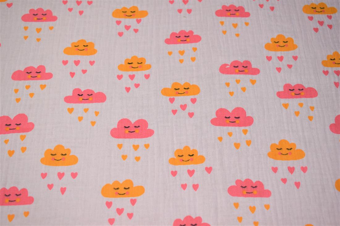 Pale Pink Clouds and Hearts Rain Print 100% Cotton Gauze Muslin Fabric