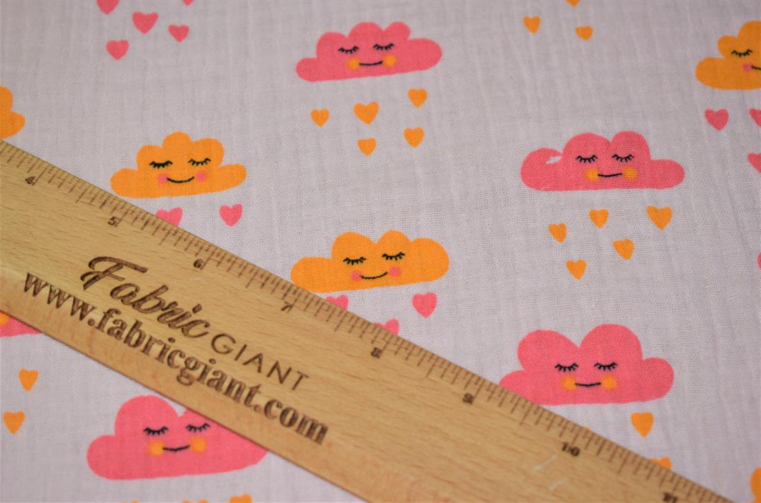 Pale Pink Clouds and Hearts Rain Print 100% Cotton Gauze Muslin Fabric