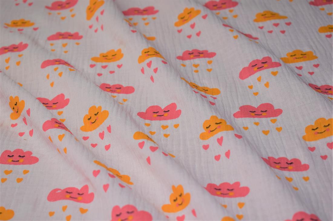 Pale Pink Clouds and Hearts Rain Print 100% Cotton Gauze Muslin Fabric