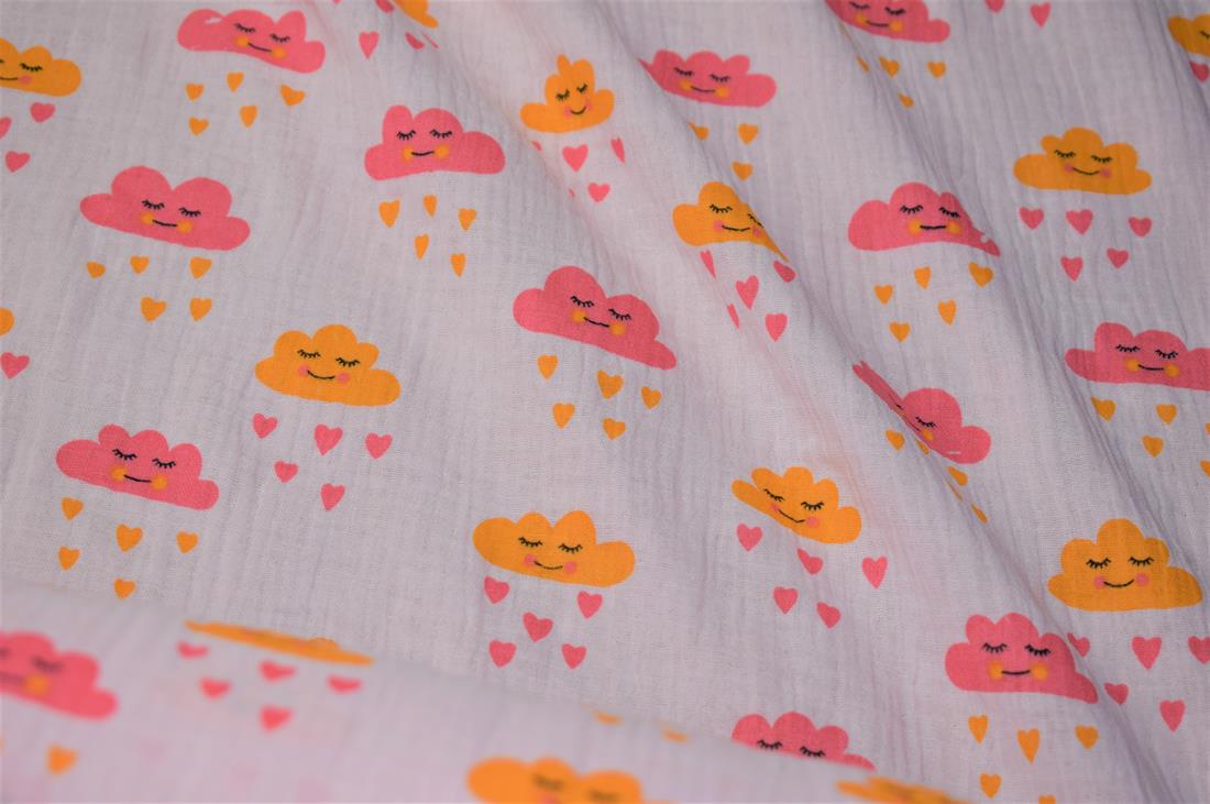Pale Pink Clouds and Hearts Rain Print 100% Cotton Gauze Muslin Fabric