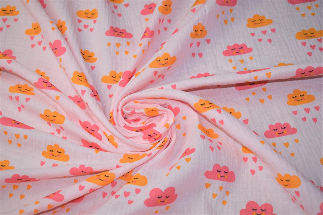 Pale Pink Clouds and Hearts Rain Print 100% Cotton Gauze Muslin Fabric