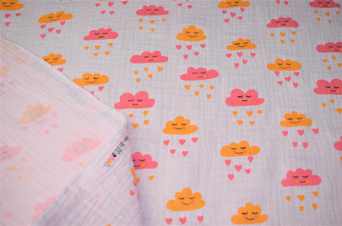 Pale Pink Clouds and Hearts Rain Print 100% Cotton Gauze Muslin Fabric