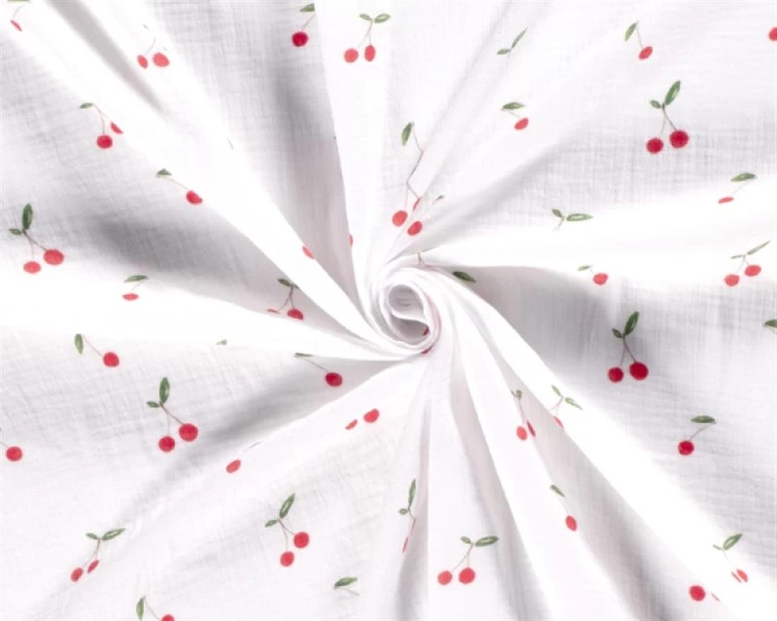 White Cherries Muslin Printed Gauze Fabric