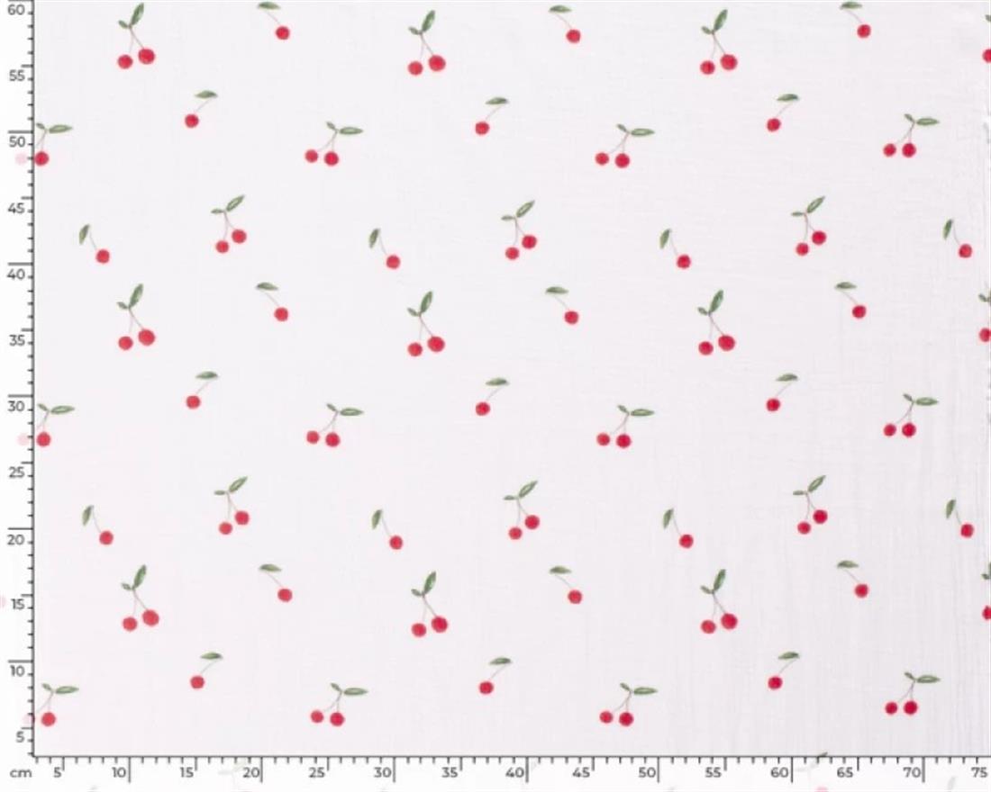 White Cherries Muslin Printed Gauze Fabric