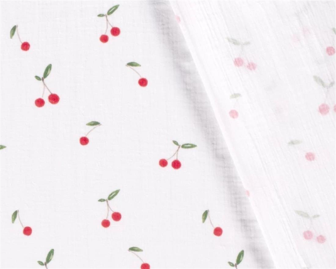 White Cherries Muslin Printed Gauze Fabric