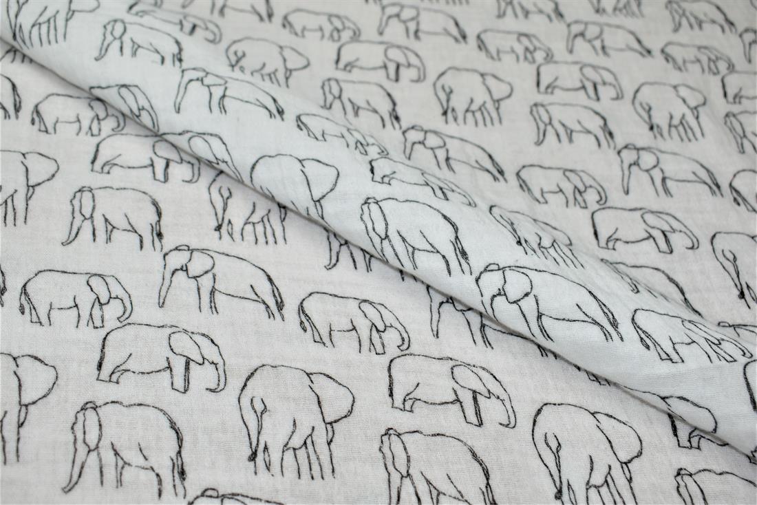 White Roaming Elephants Double Gauze Fabric