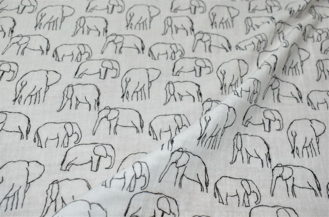 White Roaming Elephants Double Gauze Fabric