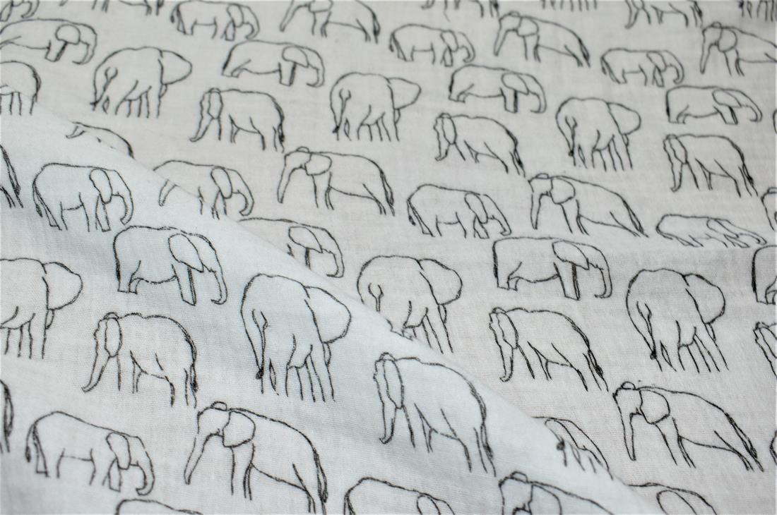 White Roaming Elephants Double Gauze Fabric