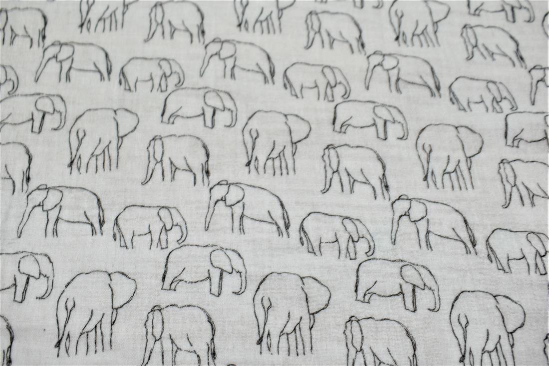 White Roaming Elephants Double Gauze Fabric