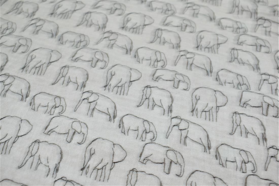 White Roaming Elephants Double Gauze Fabric