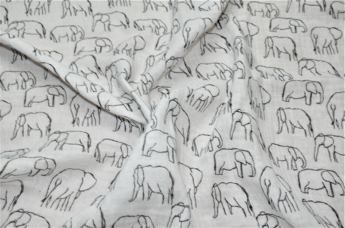 White Roaming Elephants Double Gauze Fabric