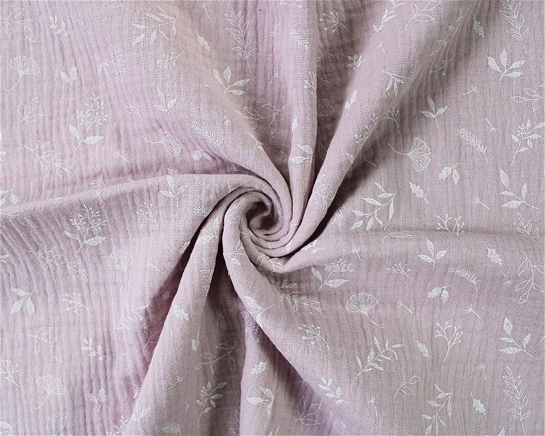 Scattered Vines Double Gauze White Leaves and Planta on a Beige
