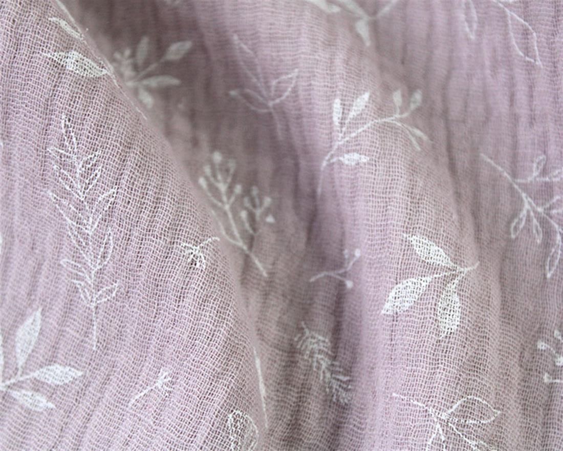 Scattered Vines Double Gauze White Leaves and Planta on a Beige