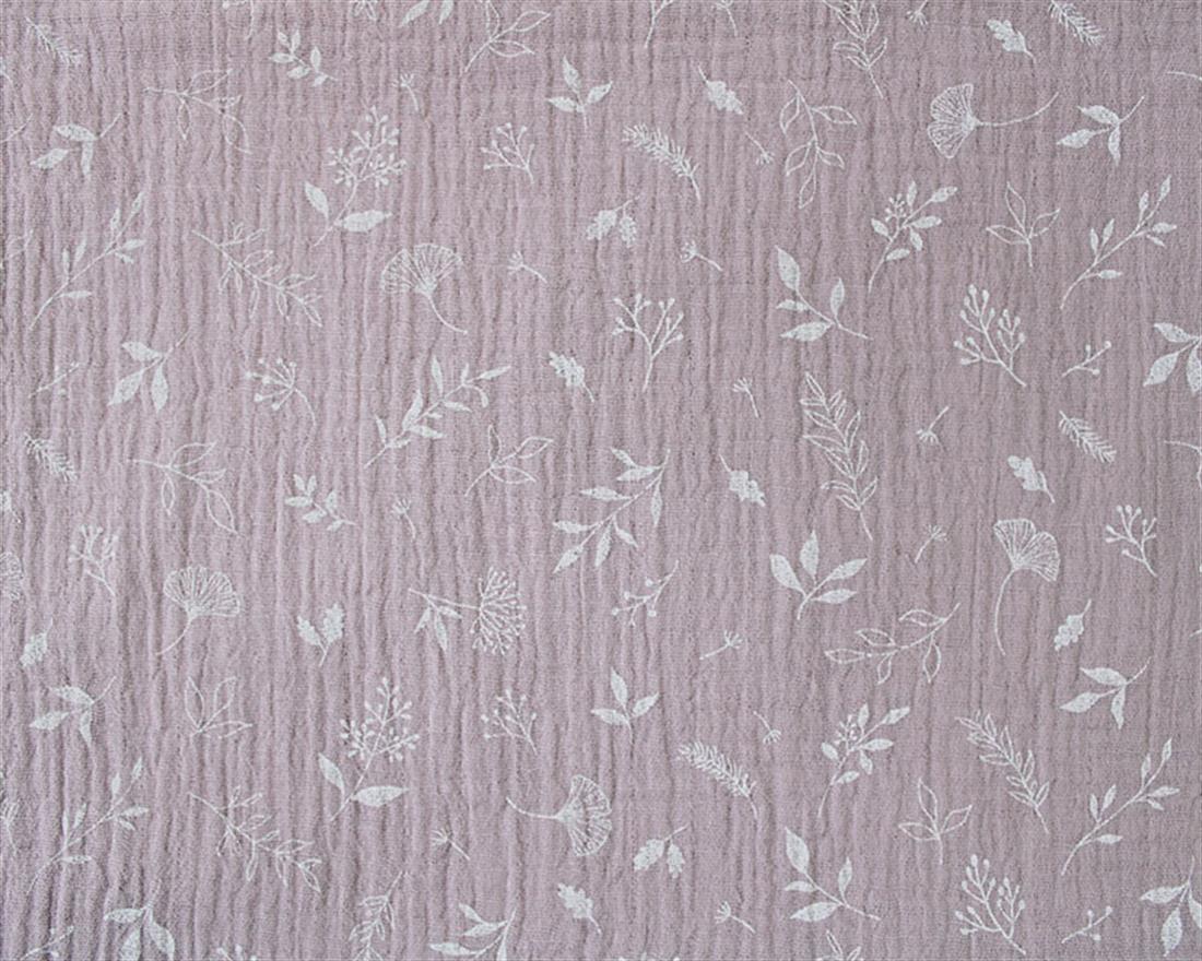 Scattered Vines Double Gauze White Leaves and Planta on a Beige